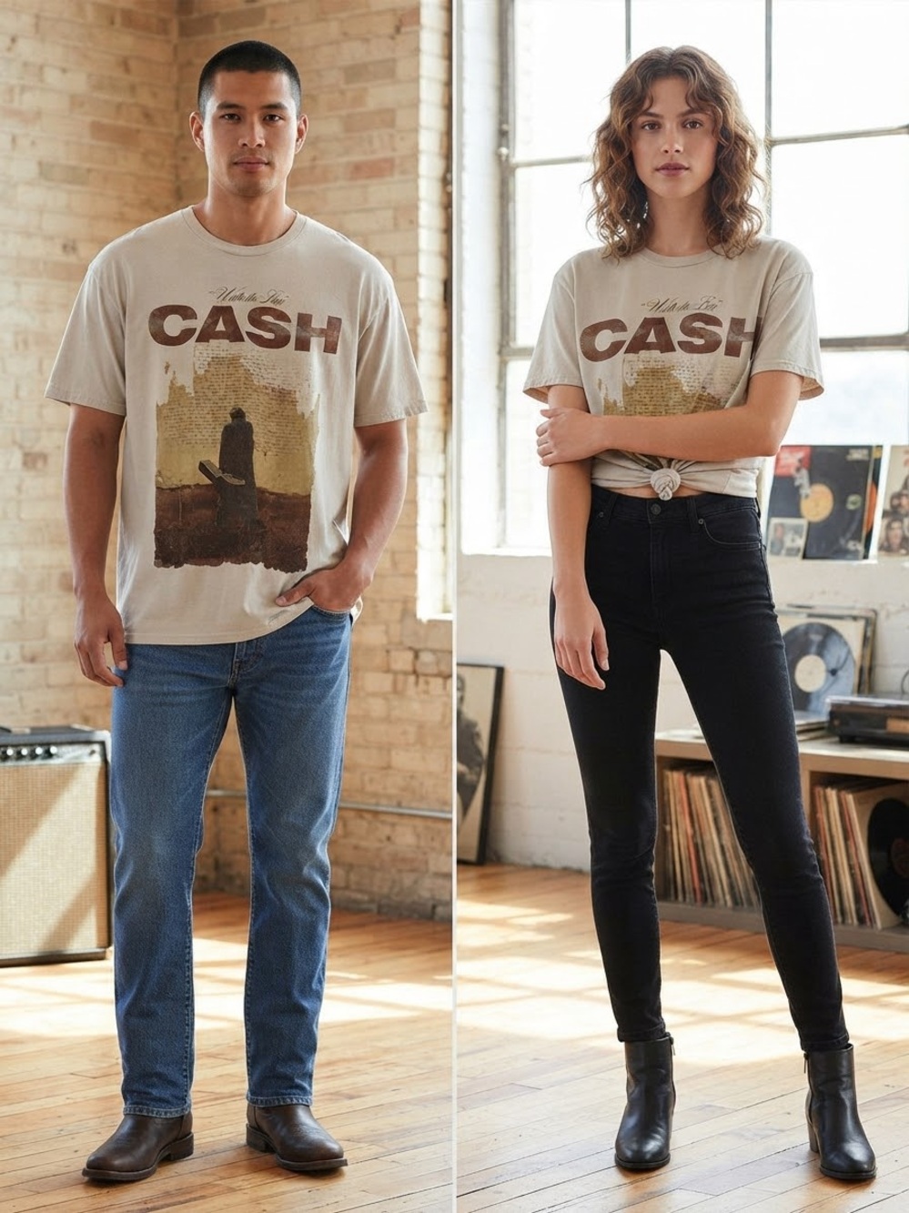 Johnny CASH Walk the Line Graphic Short Sleeve Tee S/M 25” p2p Cream EUC